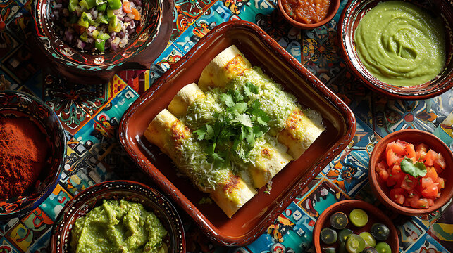 Top view of vibrant Mexican feast with enchiladas, guacamole, salsa, and fresh herbs on rustic table