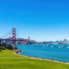 Fototapeta premium Golden Gate Bridge and San Francisco Bay with sailboats and green grass on a sunny day, a beautiful landscape of California.