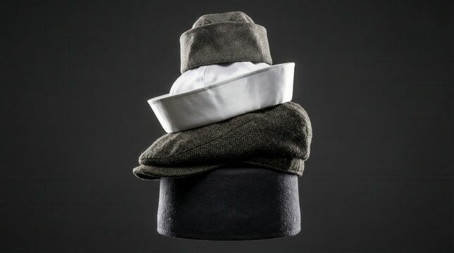 Stack of uniform hats in various styles and colors against a dark background, showcasing diverse headgear designs in a dramatic spotlight