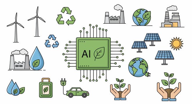 Sustainable Technology and AI Icon Set: Green Energy, Renewable Power, and Eco-Friendly Innovation Illustration