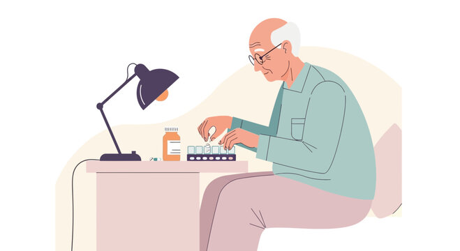 Elderly Man Organizing Pills in Pill Organizer Box with Medication Bottle and Lamp