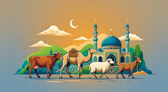 mosque with blue domes and minarets on green hills with trees shows cow, goat, lamb and camel under crescent moon 