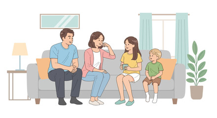 Fototapeta premium Family Sitting On Sofa In Living Room, Talking And Relaxing
