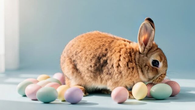 Adorable fluffy rabbit hopping around pastel colored Easter eggs in spring holiday setting