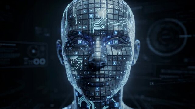 Futuristic humanoid face with digital circuitry and glowing blue lights technology concept
