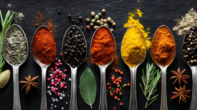 Top view of colorful spices and herbs in metal spoons on dark slate background for cooking and wellness