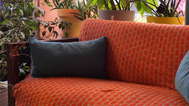 Cozy sofa with a pattern in orange tones and dark cushions, surrounded by green plants.