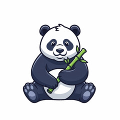 Obraz premium Adorable cartoon panda sitting and holding a bamboo branch.