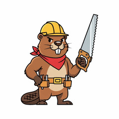 Cartoon beaver wearing hard hat and tool belt holding a saw. © Dong