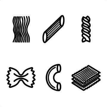 A set of six black and white icons, drawn in a line style, representing various types of dough on a transparent background.
