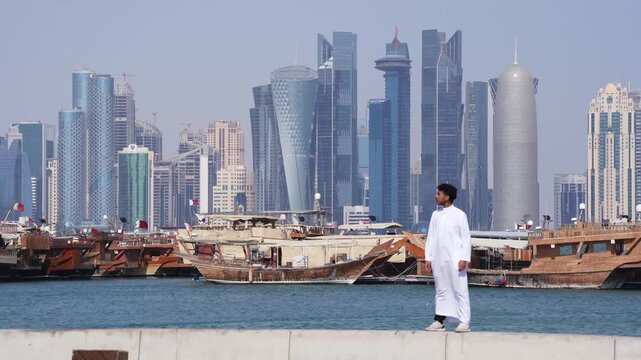 Travel Qatar with man and city skyline view
