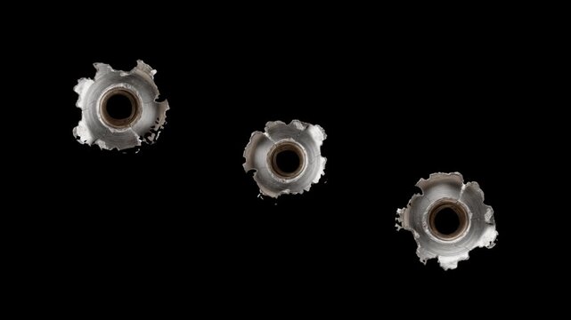 Isolated Broken metal cracks getting hit by gunshot with smoke and muzzle flash on transparent Background. Gun Fire. 3d render animation.