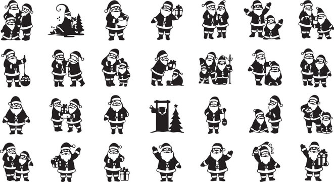 Black and white illustration of multiple Santa Clauses depicted