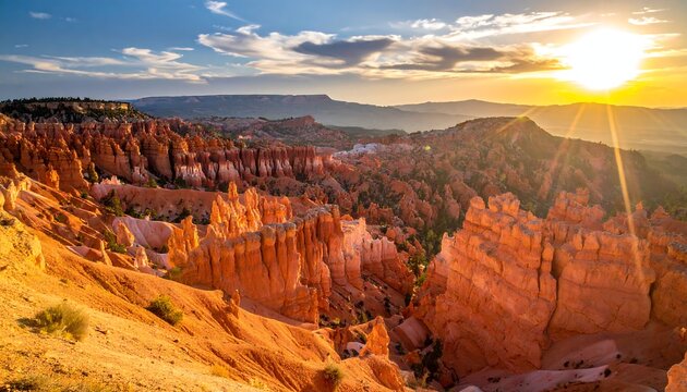 Dramatic sunburst over Bryce Canyon National Park landscape featuring vibrant orange hoodoos under scattered clouds
