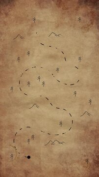 Animated treasure map with dashed line path and red x mark. Treasure hunt map with vintage old paper background. 4k video
