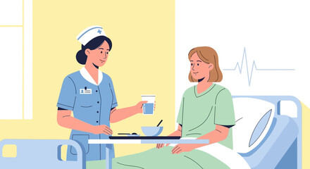 Fototapeta premium Nurse caring for patient in hospital bed, serving food and water, medical care concept