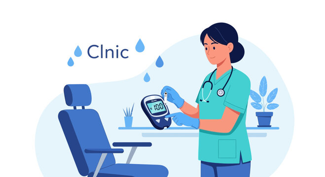 Nurse checking blood sugar level with glucometer in clinic, diabetes care concept