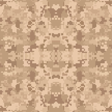 Seamless desert digital camouflage pattern with tan and brown pixels. Ideal for military tactical backgrounds and pixelated geometric textures.
