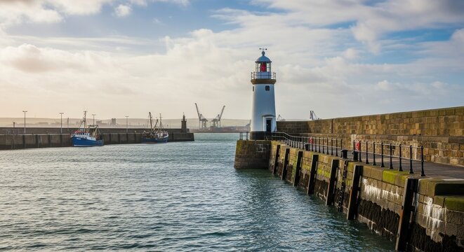 Lighthouse and harbor entrance in Aberystwyth, Wales, on a cloudy day.