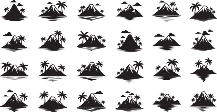 Black and white mountain tropical landscape icons seamless pattern