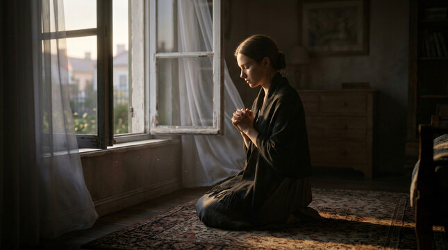 a woman praying in front of a window