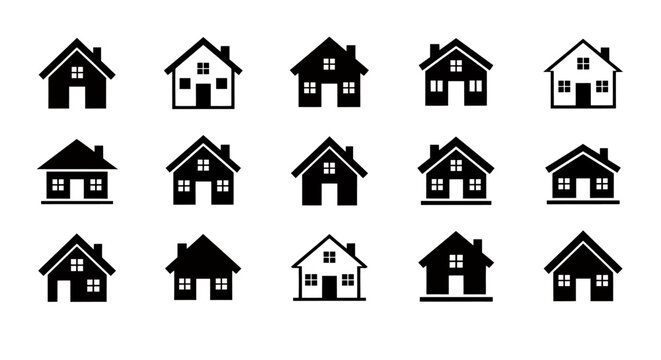 Collection of black and white house icons arranged in a grid for architectural graphics and design.