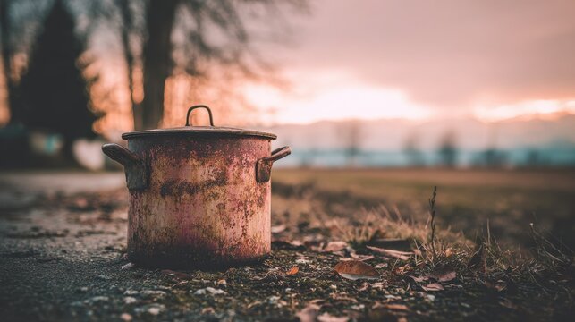 Rusty abandoned cooking pot on the dusty ground outdoors