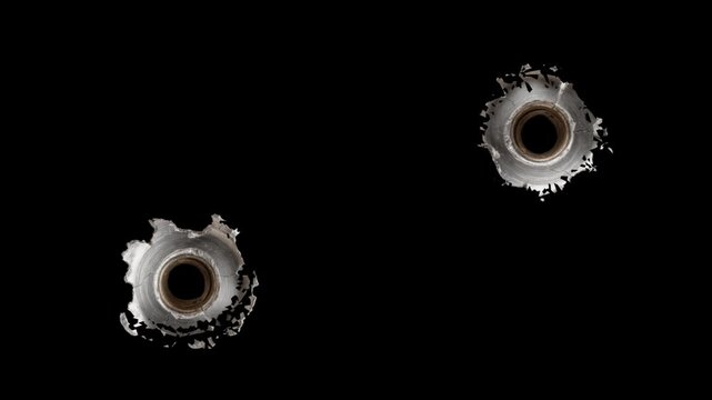 Isolated Broken metal cracks getting hit by gunshot with smoke and muzzle flash on transparent Background. Gun Fire. 3d render animation.