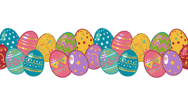 Colorful easter eggs in a row with various patterns and designs on a white background for decoration