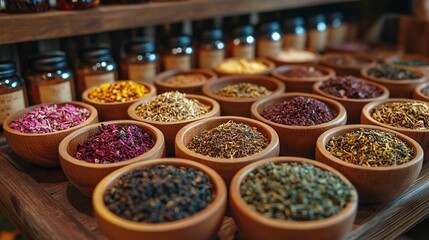 Fototapeta premium A diverse collection of experimental tea blends and dried herbs are showcased in rustic wooden bowls, suggesting a chaotic yet artisanal approach to testing and blending.