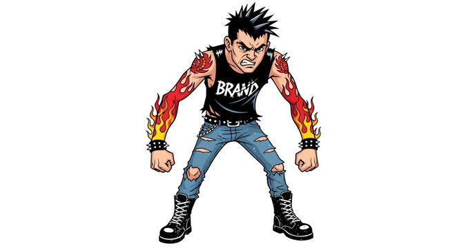 Angry punk man with flaming arms and ripped jeans