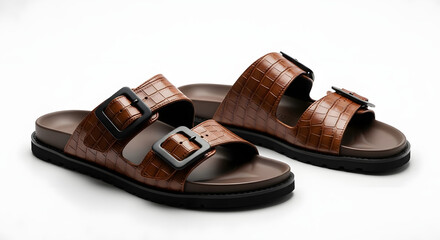Naklejka premium Brown crocodile-patterned sandals with black buckles displayed on a white surface. high-quality professional detailed modern elegant stylish clean crisp vibrant