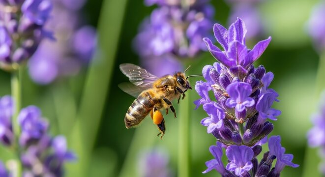 Honey bee in flight with pollen sac approaching vibrant purple lavender flowers in a sunlit garden, capturing natures pollination process.