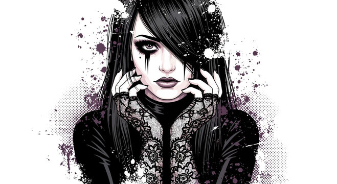 Gothic Woman Portrait, Dark Makeup, Black Hair, Lace Outfit, Splatter Effect