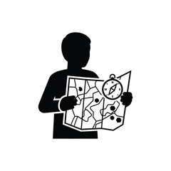 Person holding map and compass for navigation and exploration. © Fera