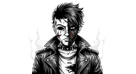 Obraz premium Punk Rocker with Half Face Painted, Leather Jacket, Spiked Collar, Black and White Illustration