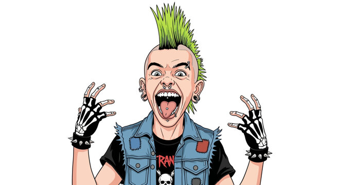 Punk rocker with green mohawk, open mouth, and raised hands