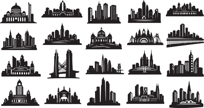 City skylines and famous landmarks in black silhouette style