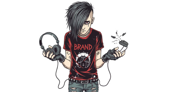 Punk teenager with headphones and broken phone, frustrated expression