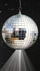 A shiny disco ball hangs from a chain against a starry night