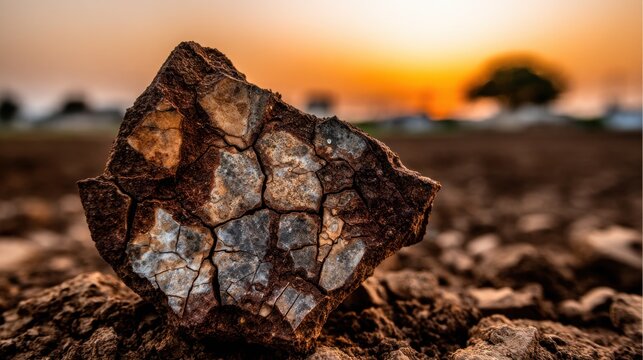 Fragment of broken clay shard with cracked surface during sunset