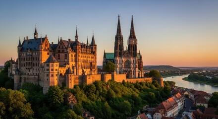 Fototapeta premium Majestic German Castle Overlooking the River at Sunset.