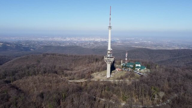 The aerial view of the TV tower, bombed by NATO army in 1999, Irishki venac, Frushka tower, Novi Sad, Serbia, Europe