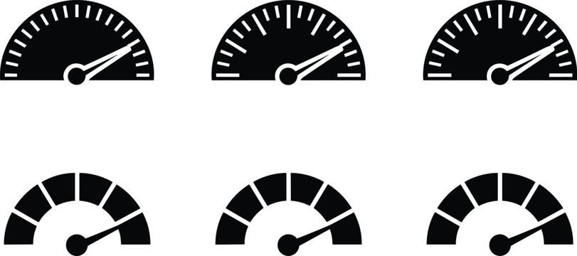 Speedometer gauge icons, performance meter silhouettes, progress indicator vector design, measurement dial illustration, black and white dashboard symbol collection