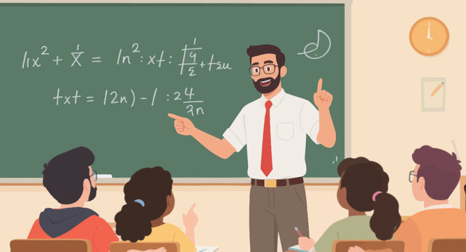 Teacher explaining math to students in classroom.