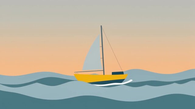 Yellow sailboat on ocean waves at sunset illustration