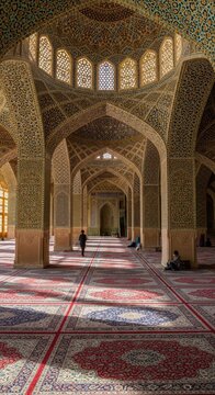 Interior of Nasir al-Mulk Mosque in Shiraz, Iran, showcasing stunning Persian architecture and intricate tilework.