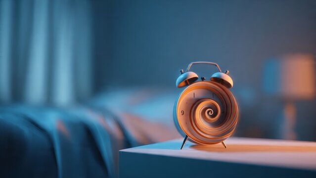 Surreal Alarm Clock with a Spiral Time Loop on a Bedroom Nightstand