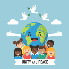 Diverse children with smiling earth globe.