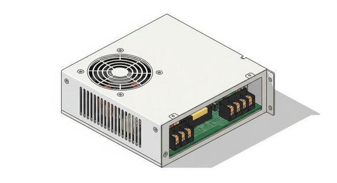 Isometric illustration of a power supply unit with fan and internal components.